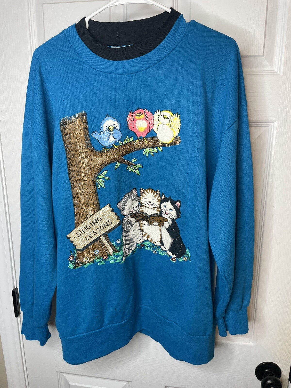 VTG Basic Editions Singing Lessons Cat & Birds Blue Sweatshirt 1X Granny Core