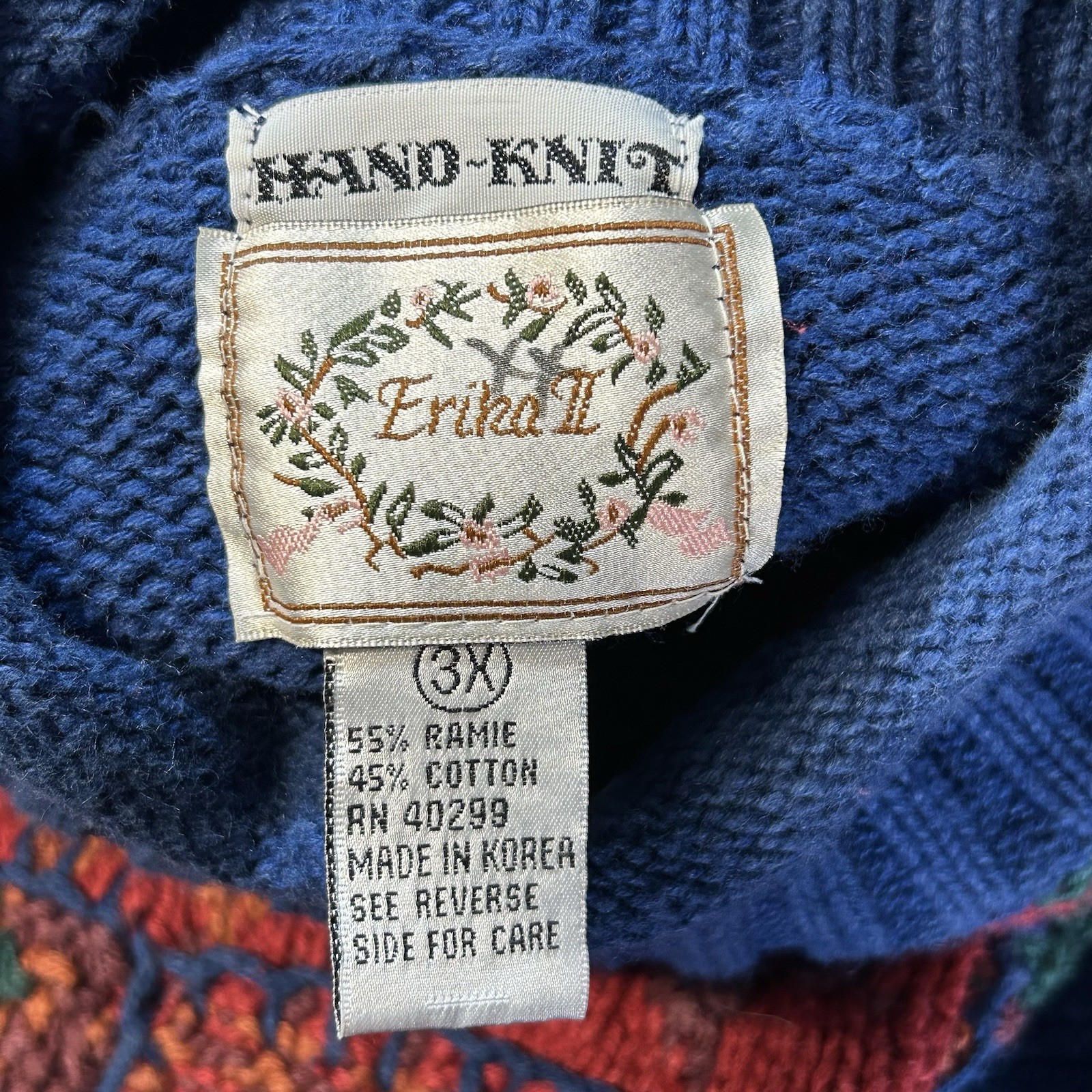 Vintage Erika II Sweater Women’s 3X Hand Knit Blue Red