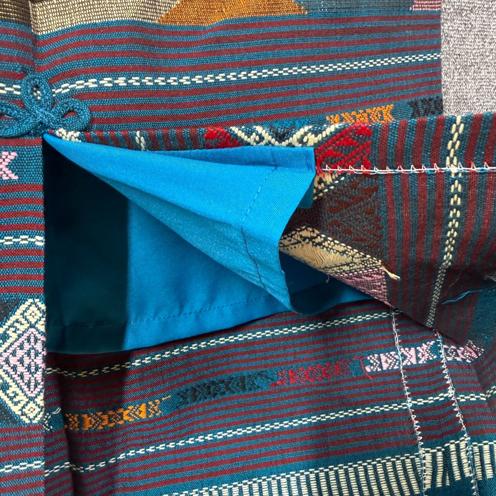 Vintage Woven Tribal Geometric Maxi Skirt Teal Multi Color Column Skirt Size 34