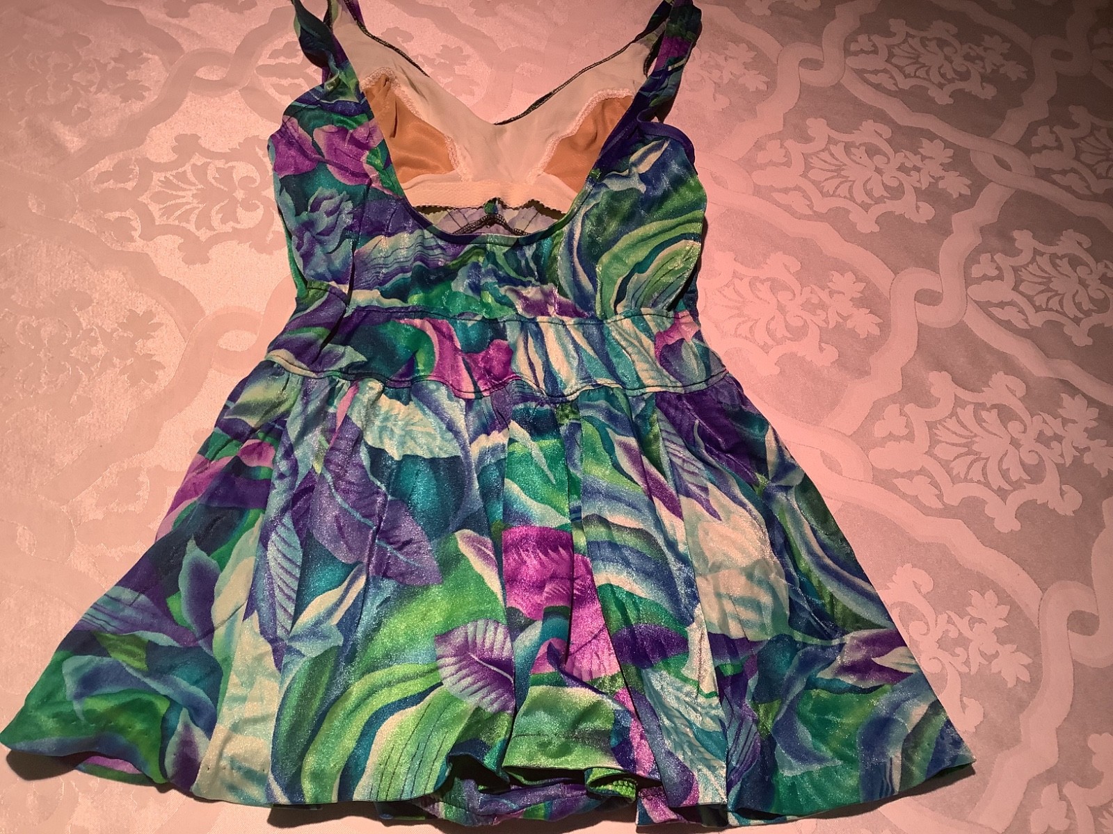 Vintage Jantzen Women’s Skirted One Piece Bathin Suit 1980’s Blues Greens Purpl