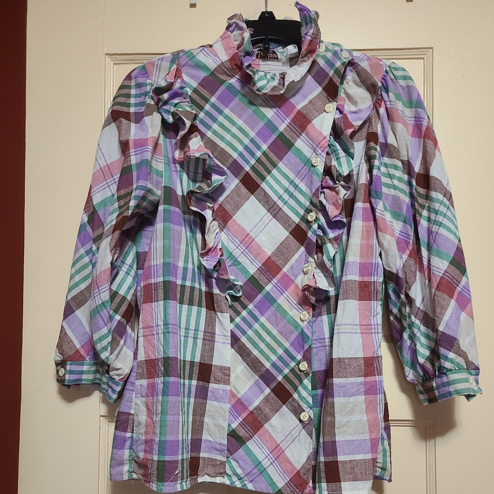 Vintage Early 80’s Women’s Plaid Madras Prarie Blouse LEO PALEY NY – Sz L 14