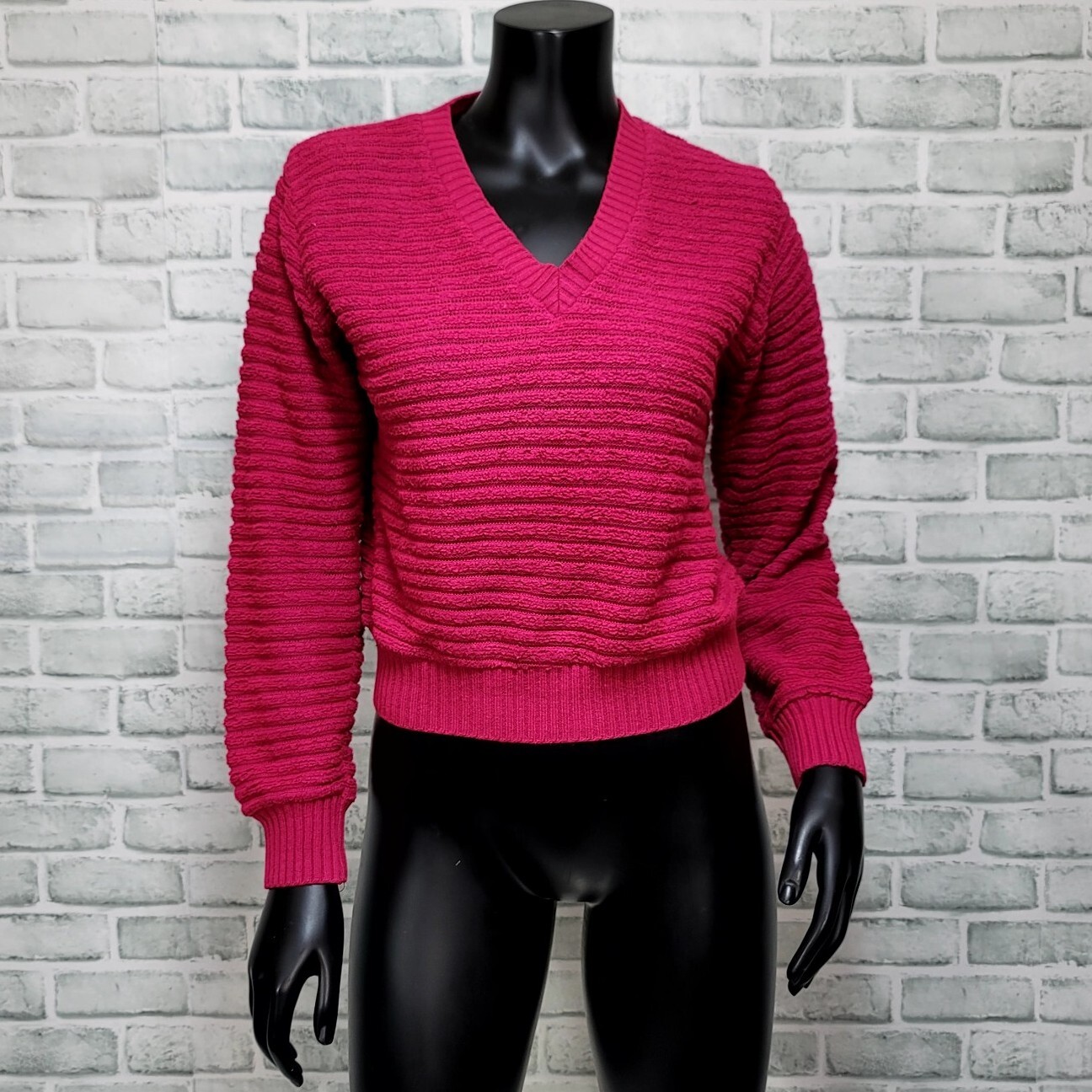 Vintage 80s Knitty Griddy Womens S Fuschia Pink Ribbed Knit Crop Top Sweater