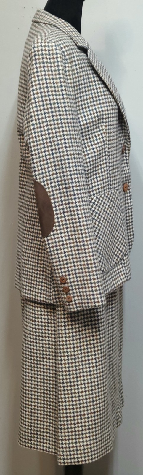 Vintage Prestige of Boston Wool Houndstooth Skirt Suit Blue Brown Cream Size 14