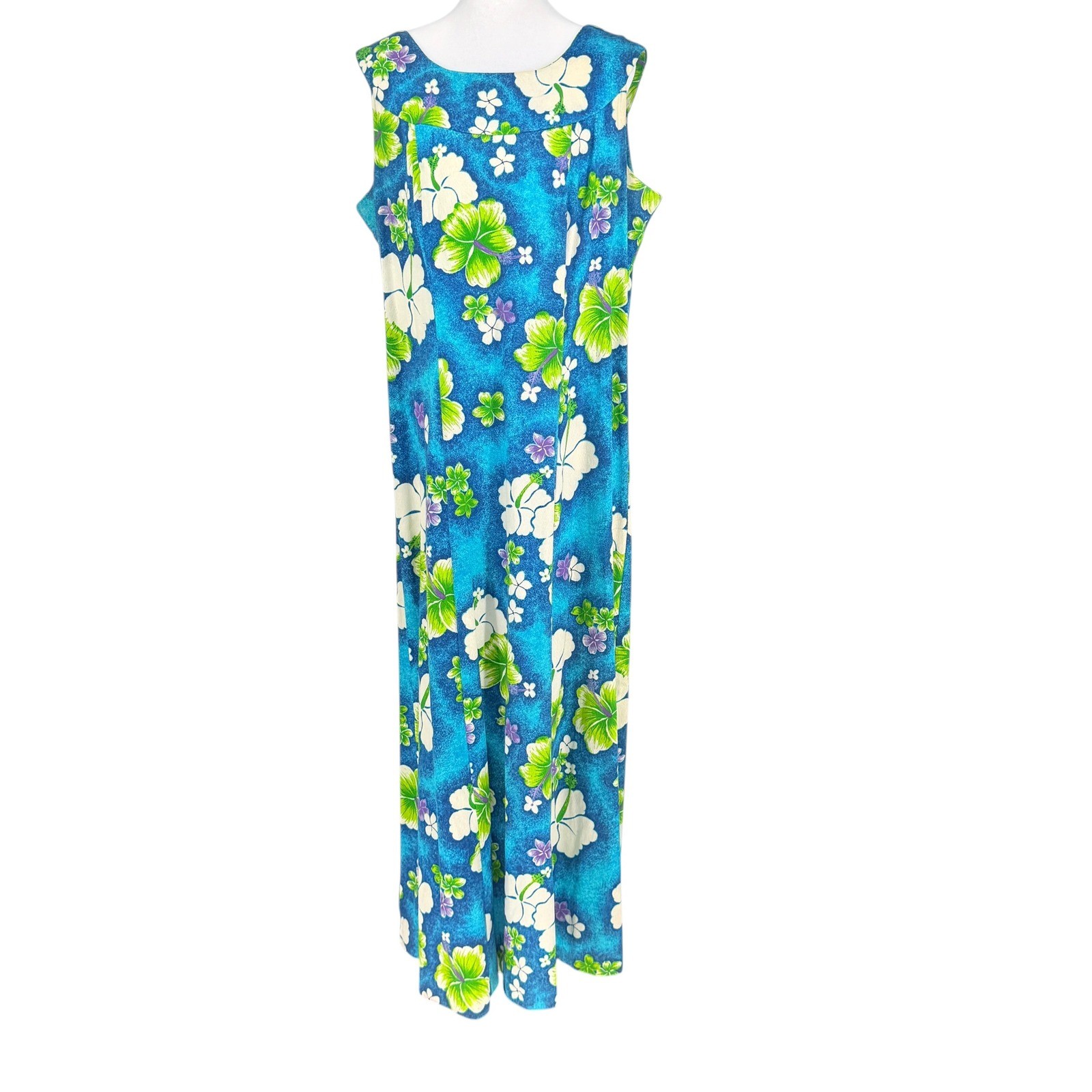 Pomaré Hawaii Maxi Dress L Vintage 1960s Blue Green Hibiscus Barkcloth Muumuu