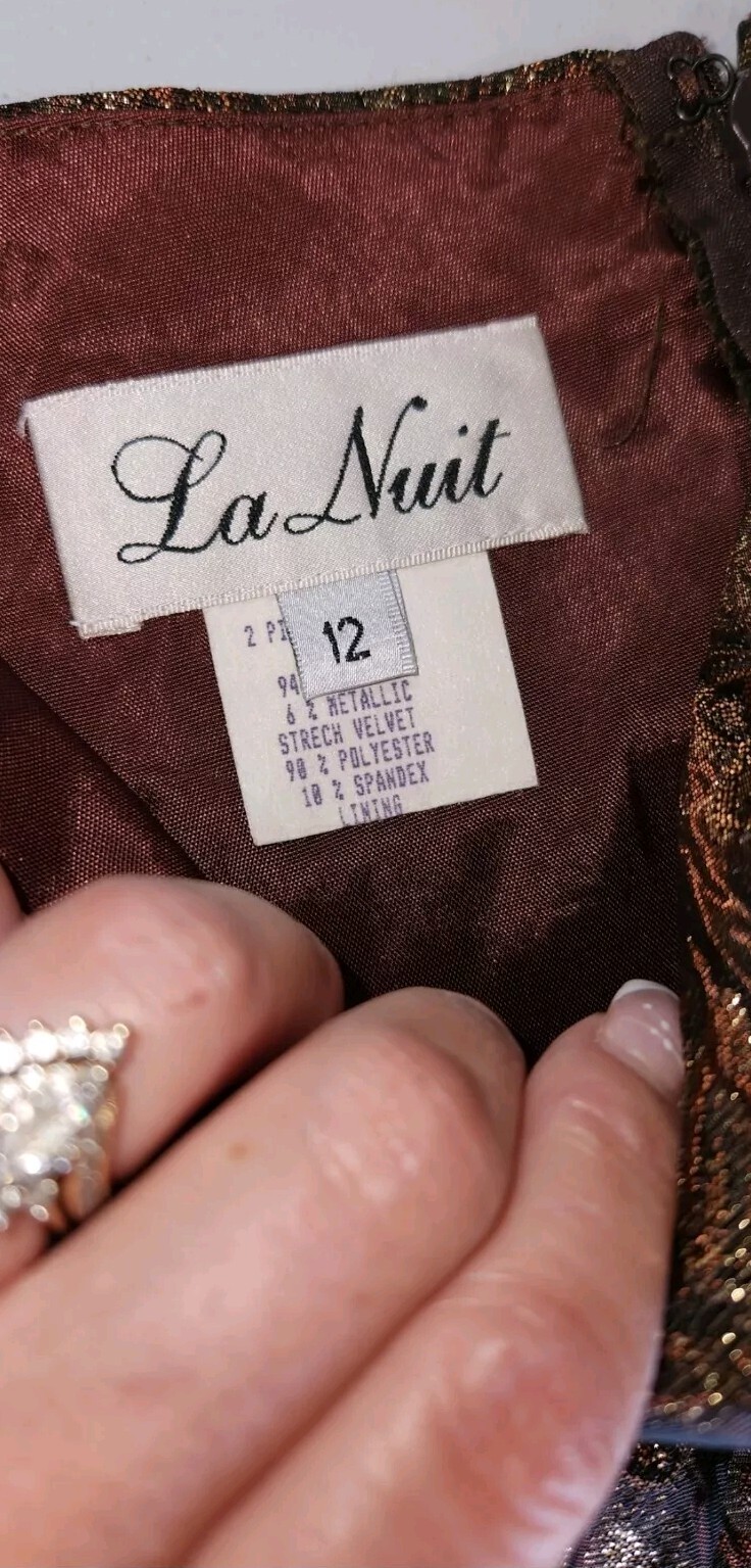 Vintage La Nuit Dress Maxi Formal Metallic Top Brown Velour Bottom Size 12- EXC
