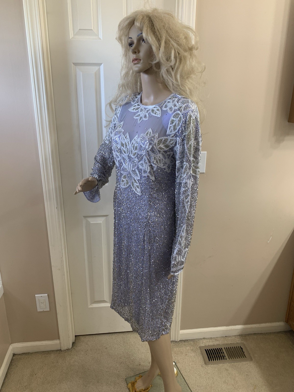 Vintage 80’s Lavender Purple Silver Sequin White Beaded Formal Church Dress