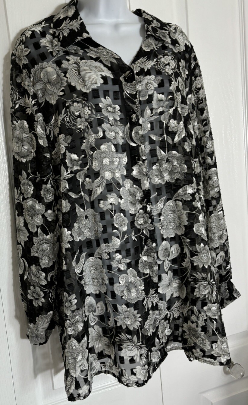 Vtg Y2K Ashley Stewart Black Floral Long Sleeve Button Up Blouse Top Sz 16