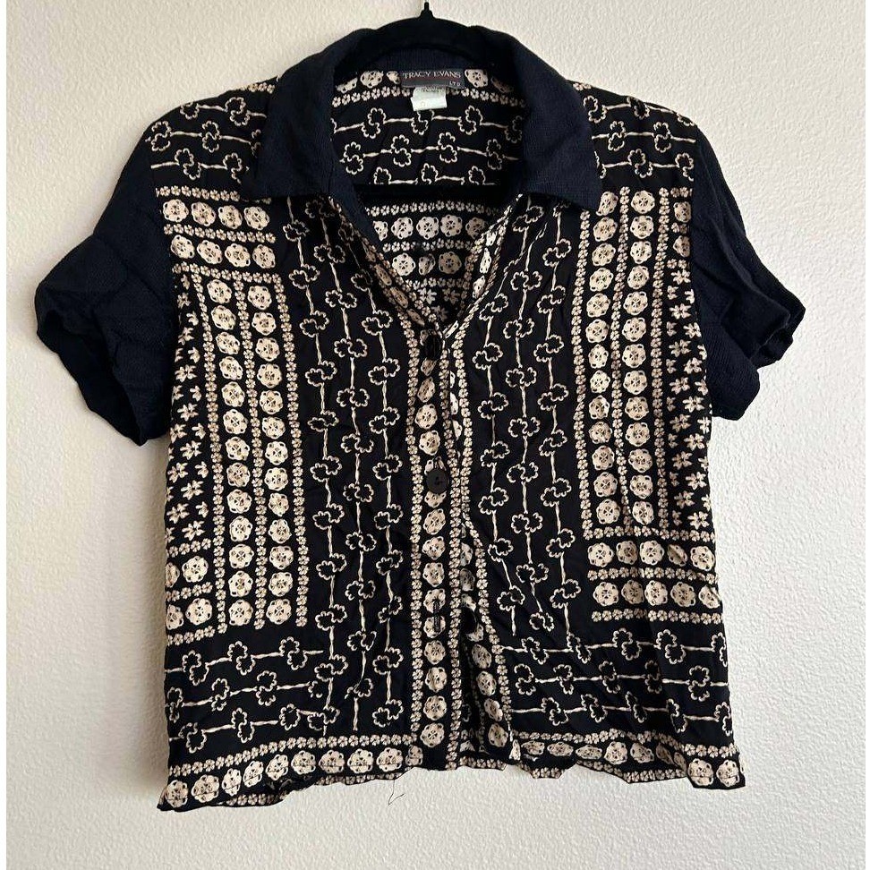 Vintage Tracy Evans LTD Black Boho Print Blouse M Y2K 90s Indie Button Up Grunge