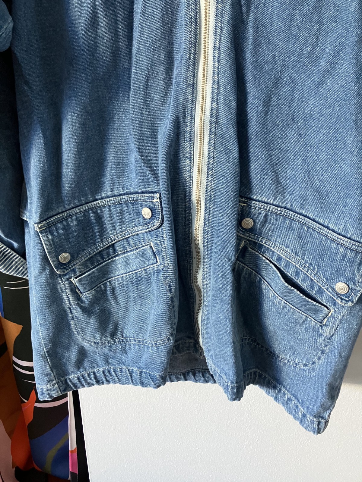 Vintage 90s Andy Johns Long Denim Jean Jacket Zip Front Hooded Women’s M