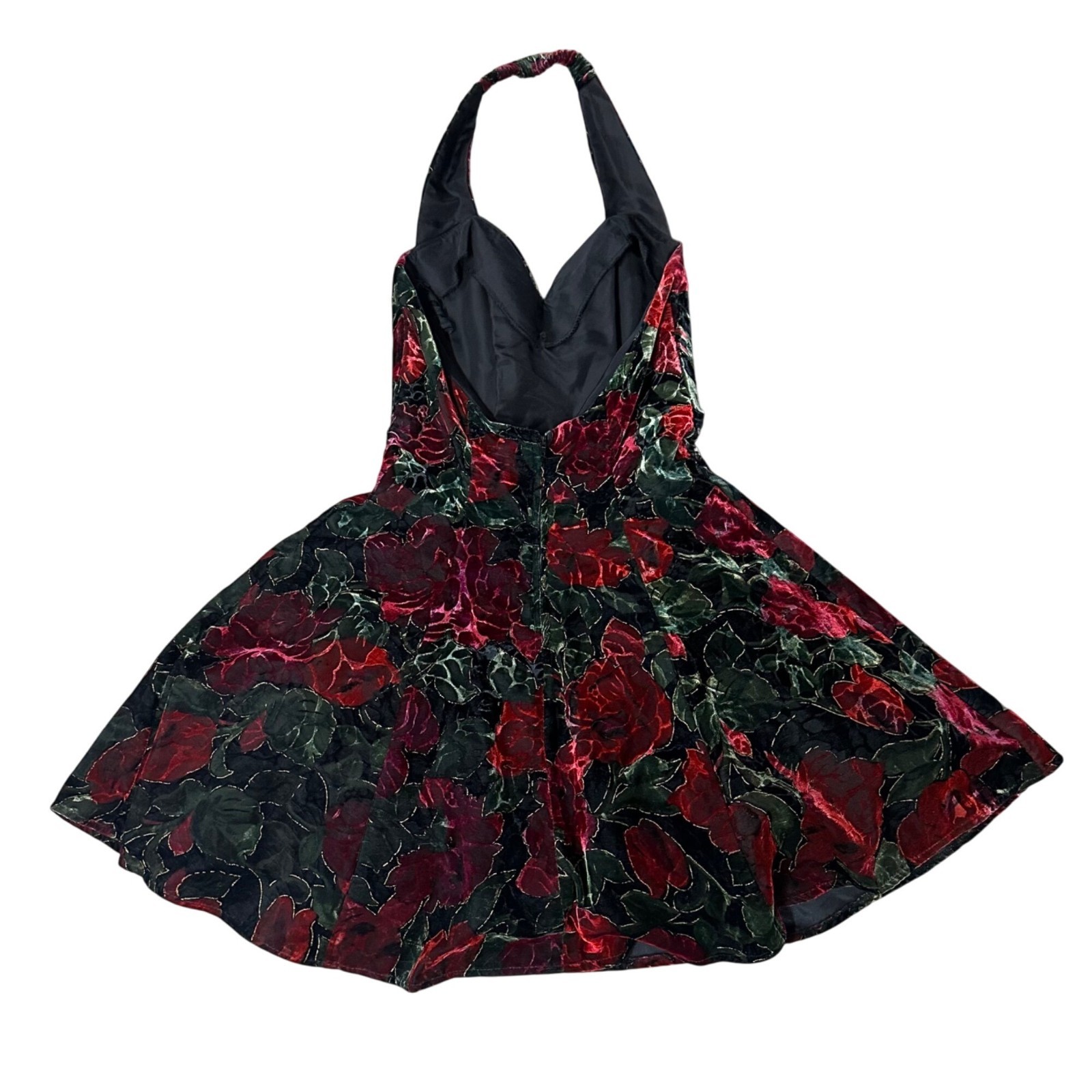 Vintage Velvet Floral Halter Dress Y2K Rampage USA Size 5 Black Red Formal Party