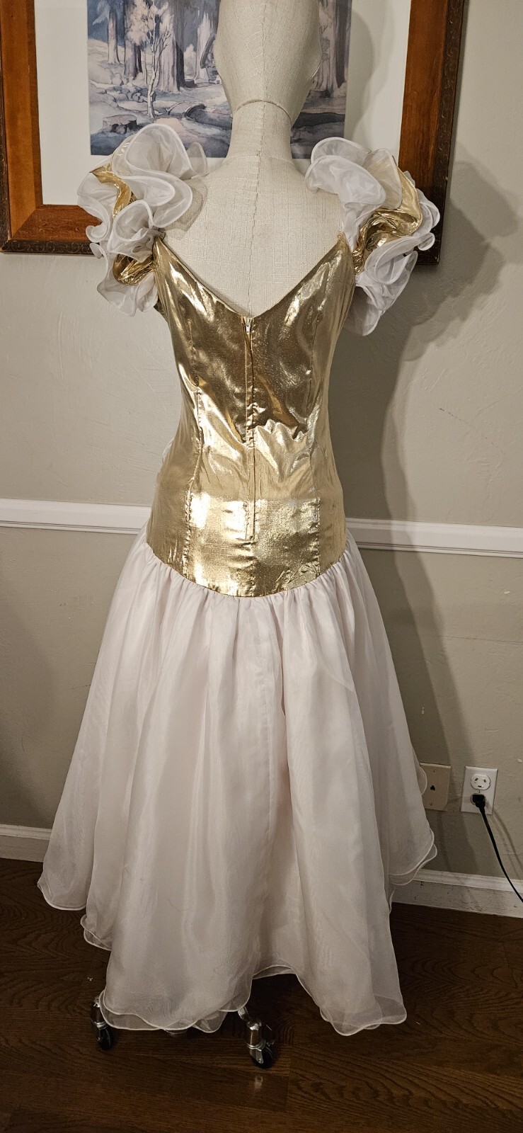 Vintage 1980s Gold Lamè And White Organza Overla Blend High Low Prom Dress As…