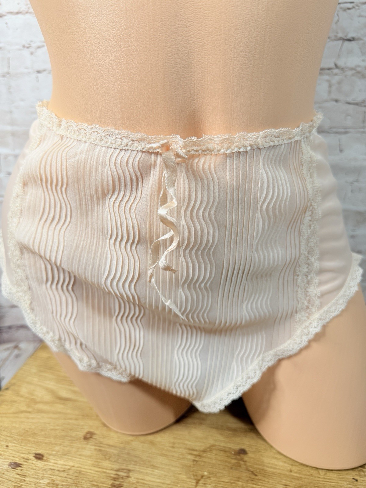 Vintage Silky Nylon Sheer Chiffon Lace Granny Gusset OLGA Panties NUDE M