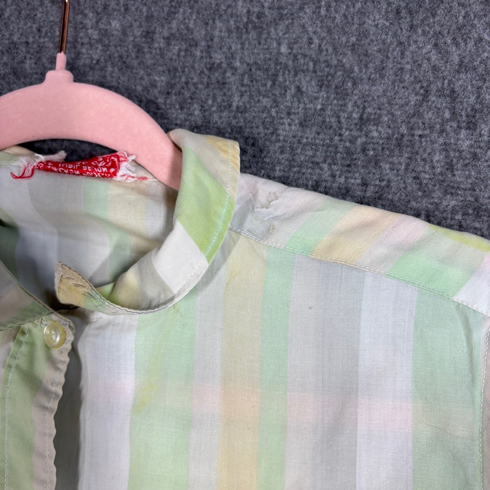 Vintage 50s 60s Striped Button Down Top Pastel Green Yellow Broadcloth USA