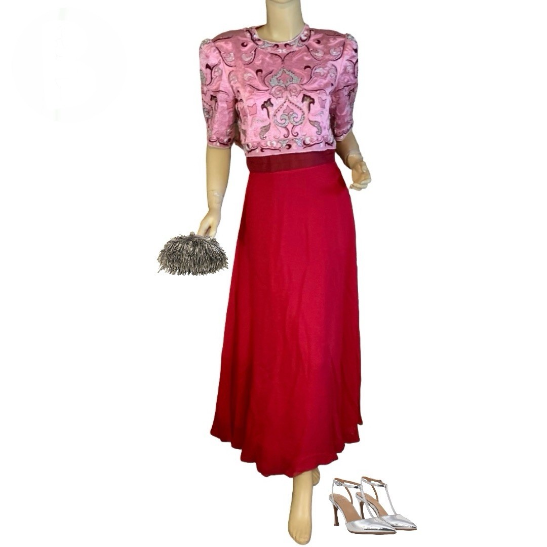 WOMEN’S VINTAGE 1980’S RICHILENE PINK & RED CHIFFON EMBROIDERED DRESS SZ 8