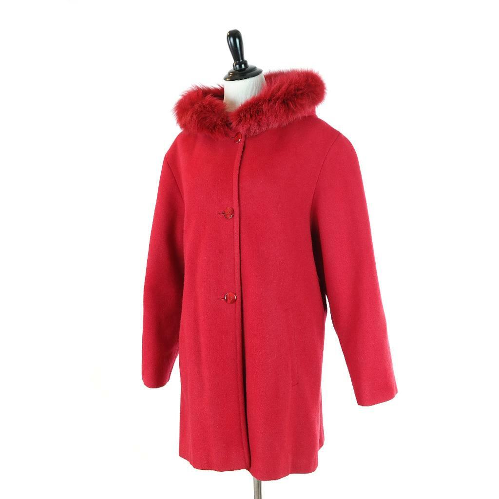 VTG 90s Komitor Red Wool Hooded Coat Genuine Dyed Fox Fur Union Made USA Sz L