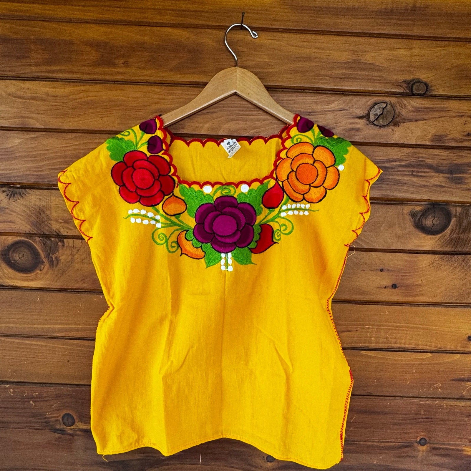 VTG Mexican Yellow Huipil Embroidered Boho Festival Cotton Blouse Top Size M