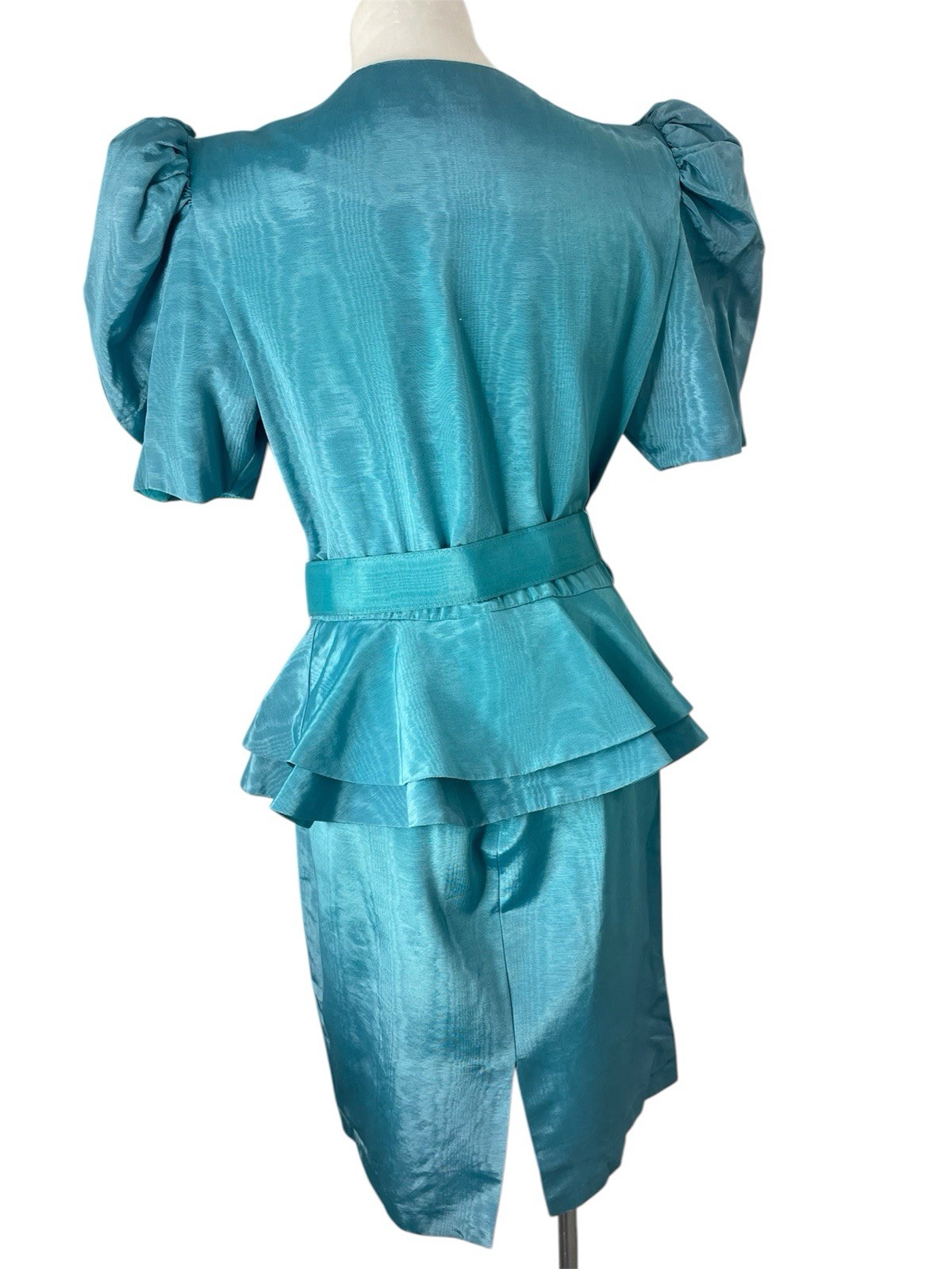 Vtg Evenings by Pantagis 80s Dress Blue Moire Rhinestone Bow Peplum Top Skirt
