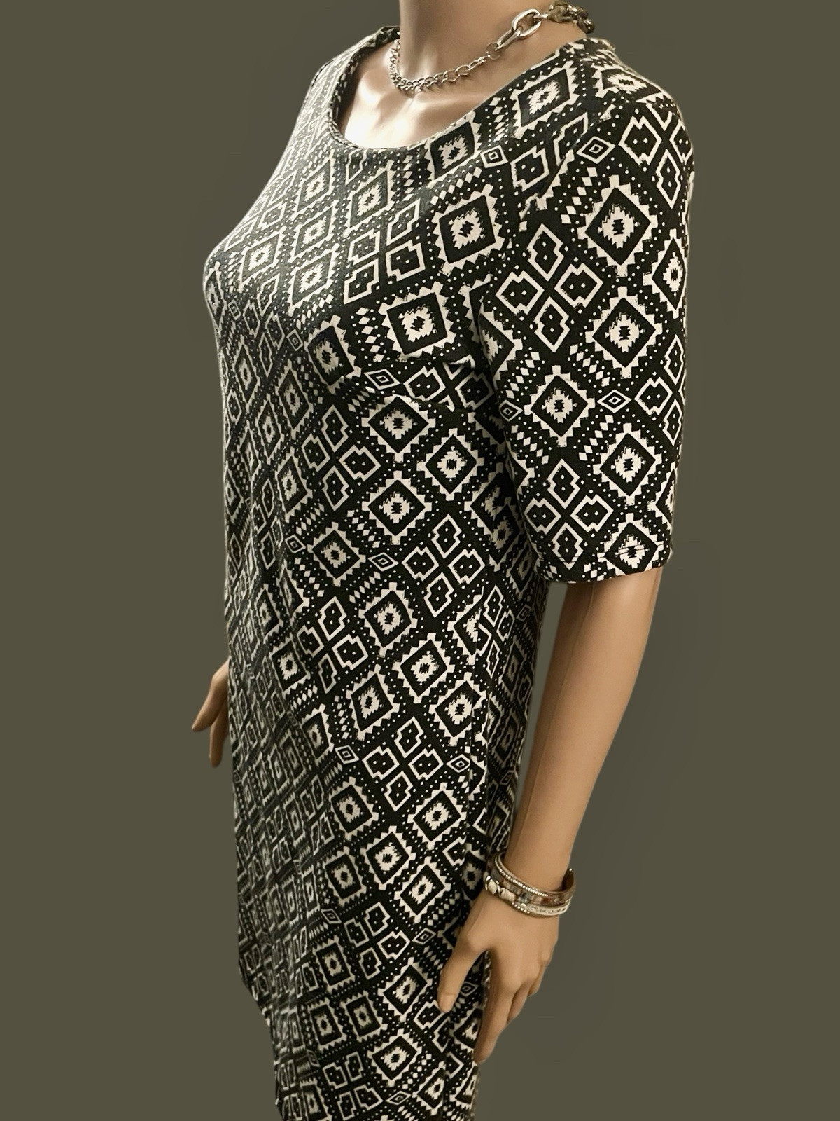 Vintage Dress Black and White Monochrome Geo Print Stretch Jersey Retro Mod S