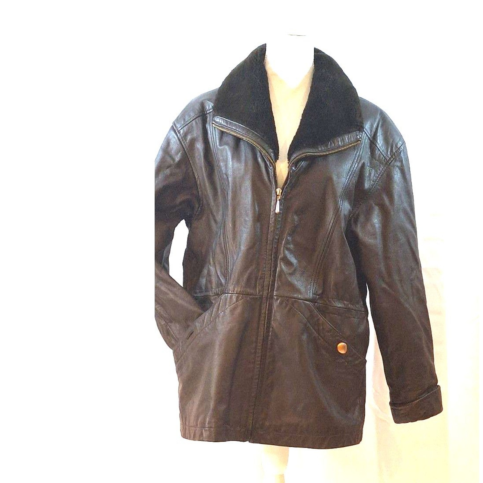 Donna Pelle Vintage Brown Leather Coat Faux Fur Collar Size S