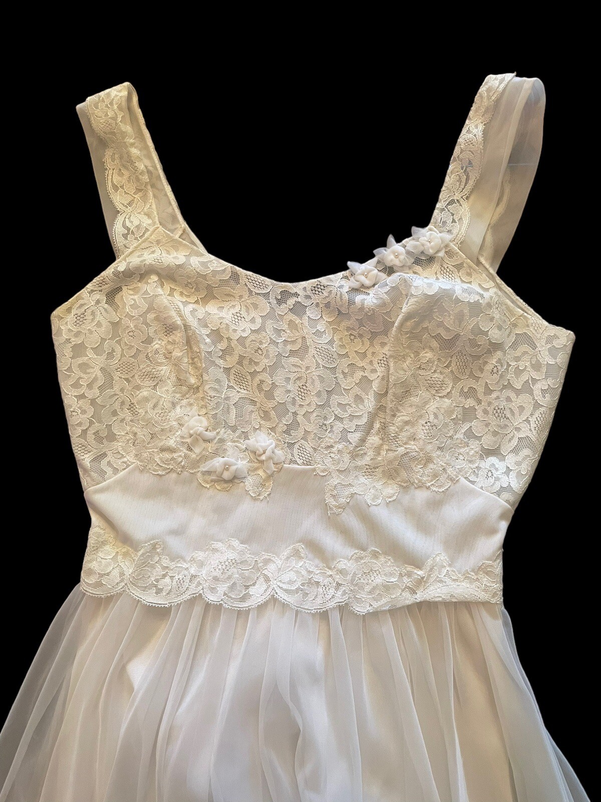 Vintage 50’s Shadowline Nylon Chiffon Lace Nightgown Bridal 32 Ivory Belt Waist