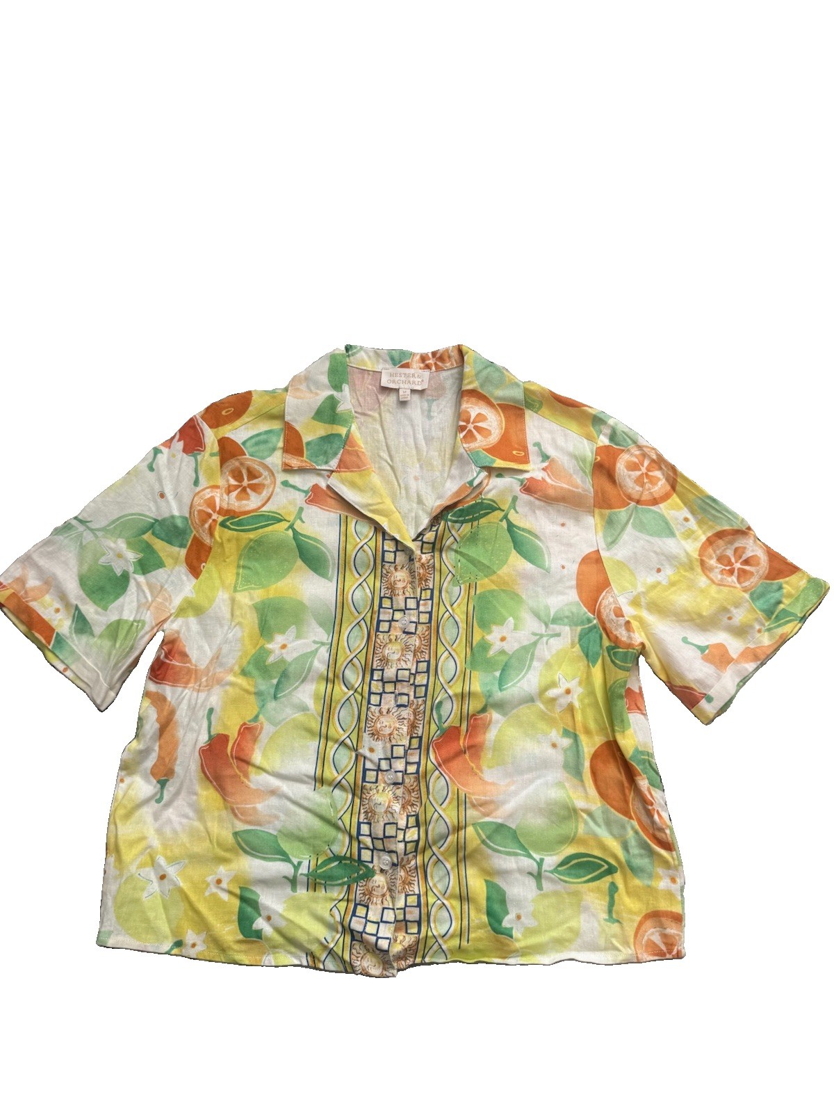 Vintage Hester & Orchard Citrus Print Button-Up Shirt Hawaiian Style Resort Med