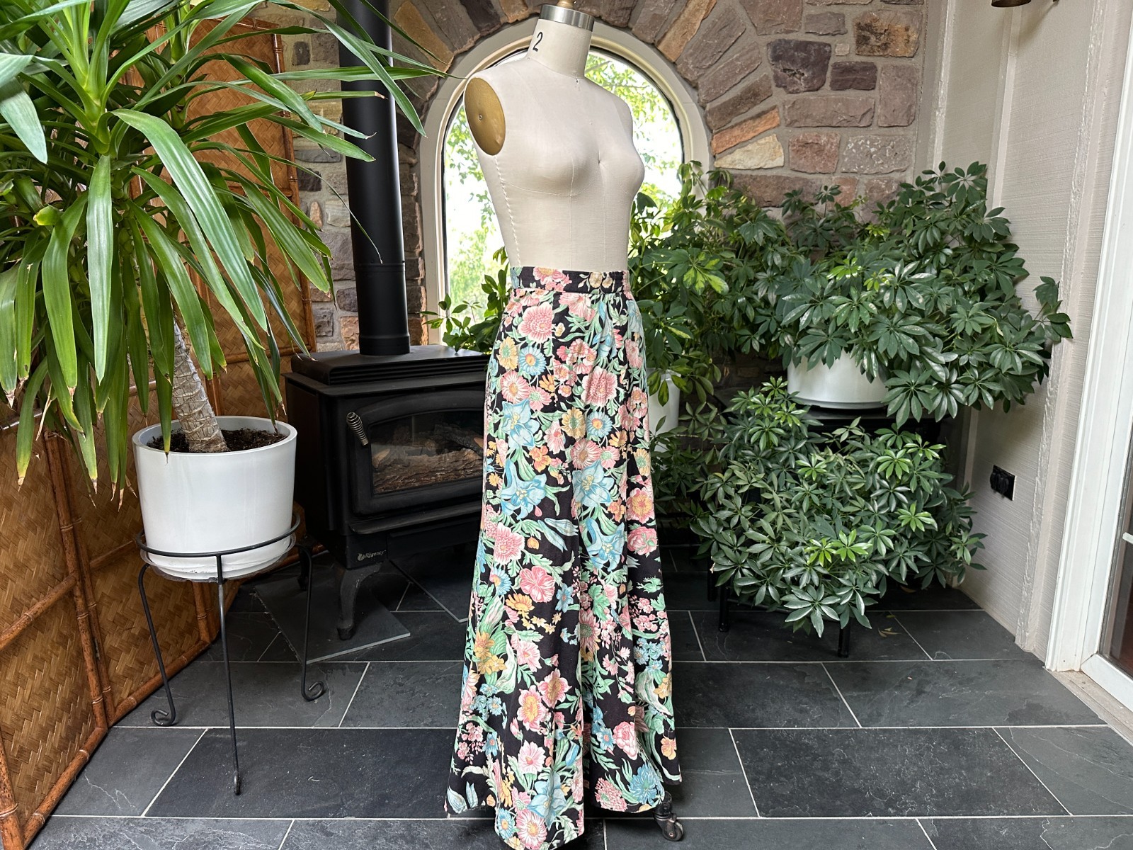 Vintage 1970s Bias Cut Swirl Black Pink Green Floral Maxi Skirt Kelita New York