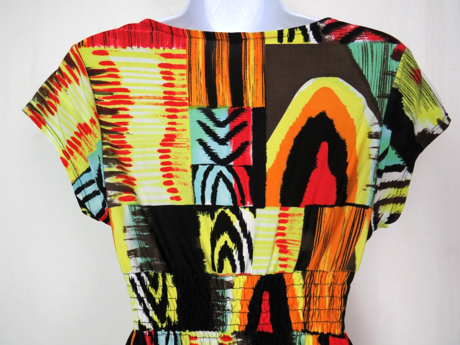 VTG 1990s MOD ABSTRACT COLOR BLOCK STRETCH DRESS OVERLAP BUST 30″ to 36″