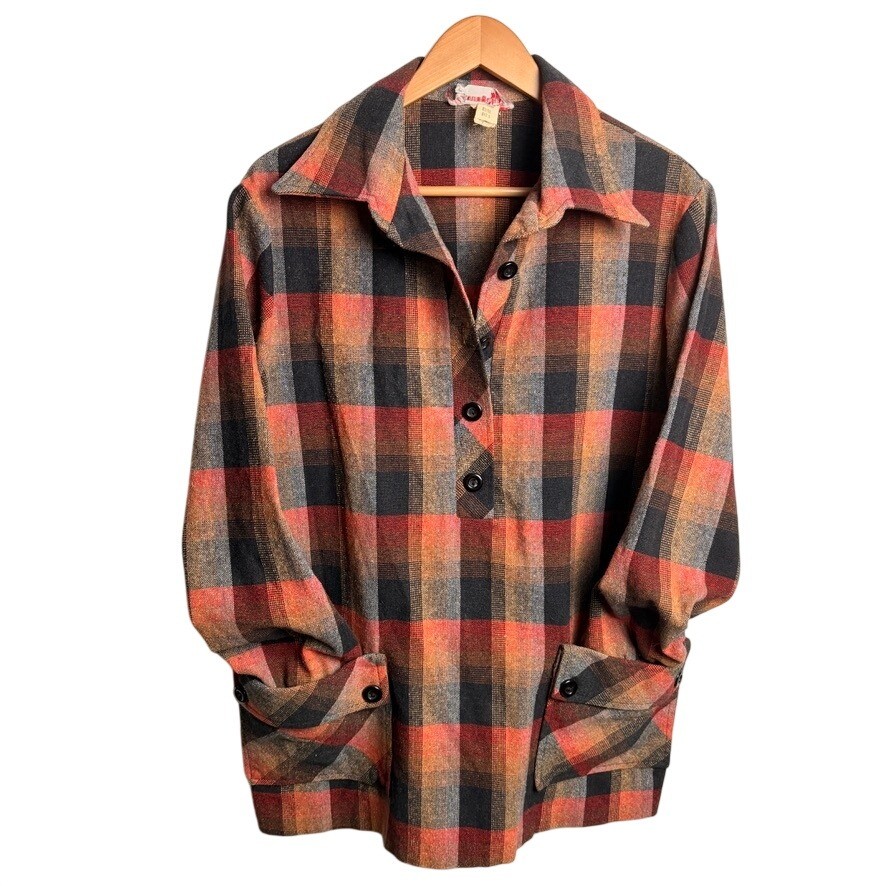 Vintage Womens Plaid Shacket M Pullover Orange Black Flannel Retro 70s 80s Cabin