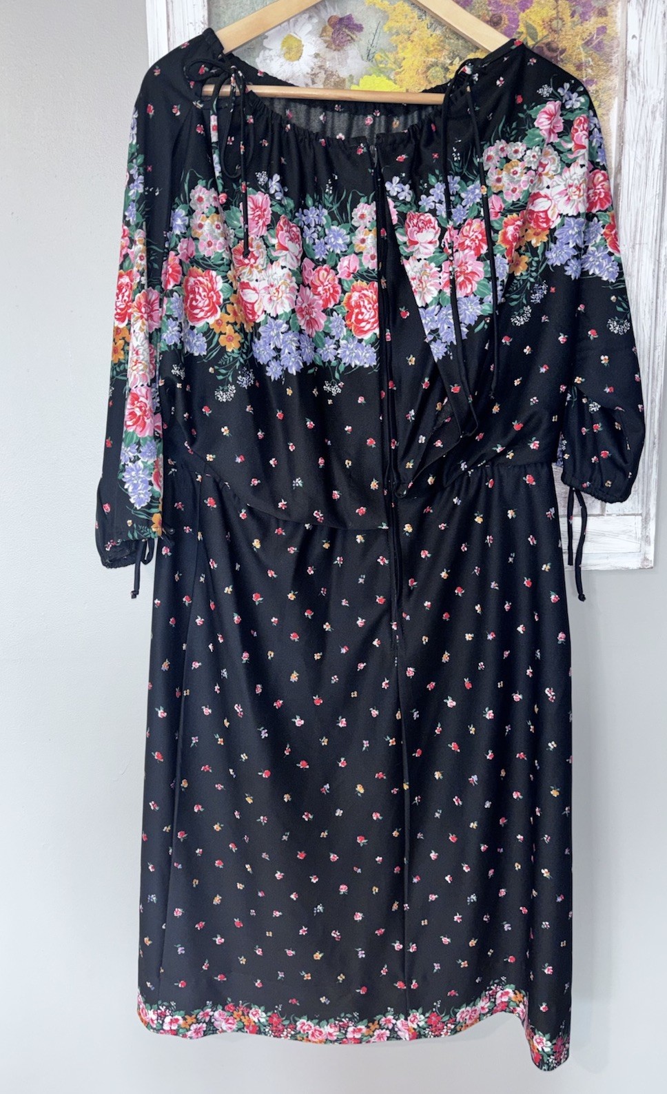 Vintage 70s Ellen Rogers Black Floral Dress Size 14.5 Or Large 3/4 Sleeves
