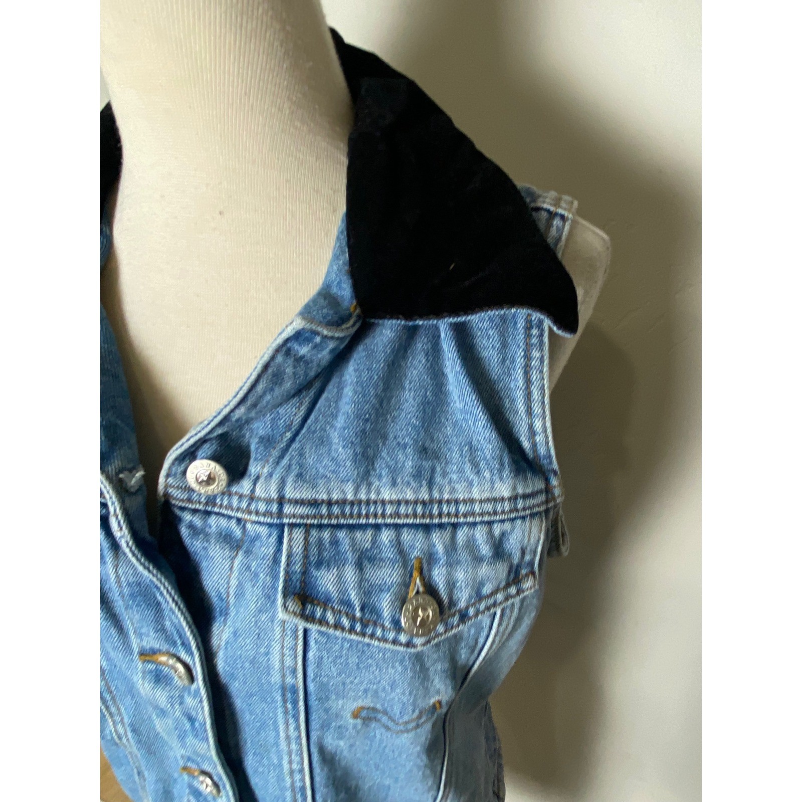 Vintage 90s Y2K Denim Vest Black Velvet Collar Lace Up Back Blue Trucker Medium
