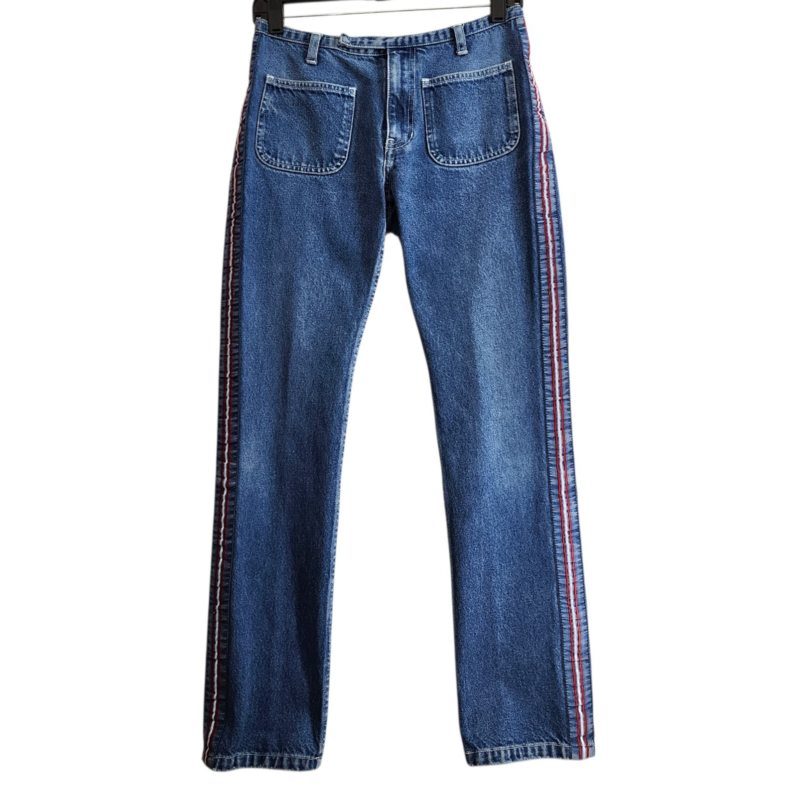 Vintage TOMMY HILFIGER Jeans Womens 5 Blue Patch Pockets Bareback Stripe 90s Y2K