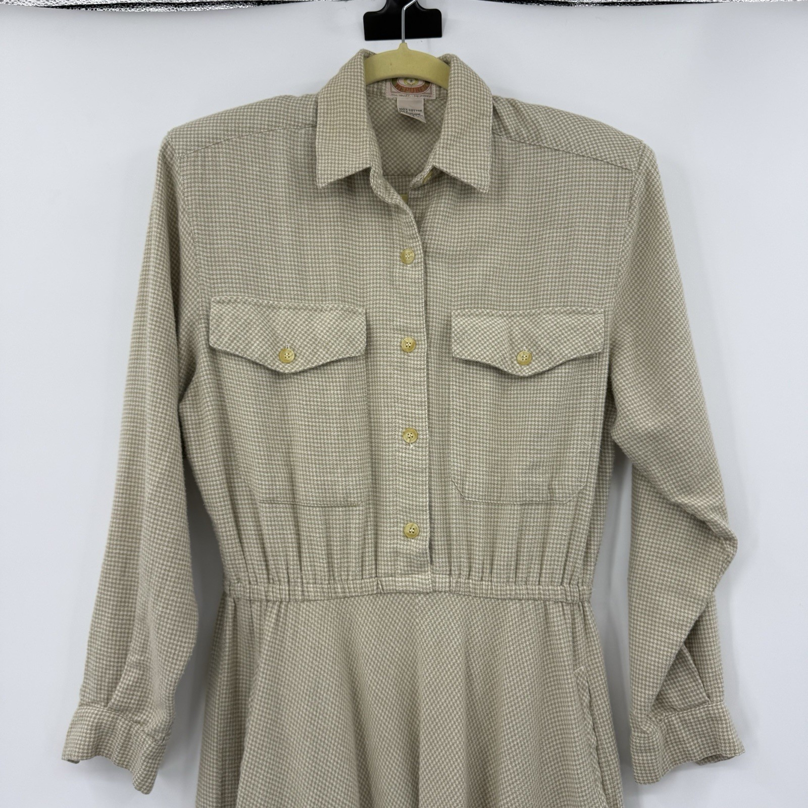 Vintage Banana Republic Safari Midi Dress Sz S Khaki Houndstooth Modest 1987