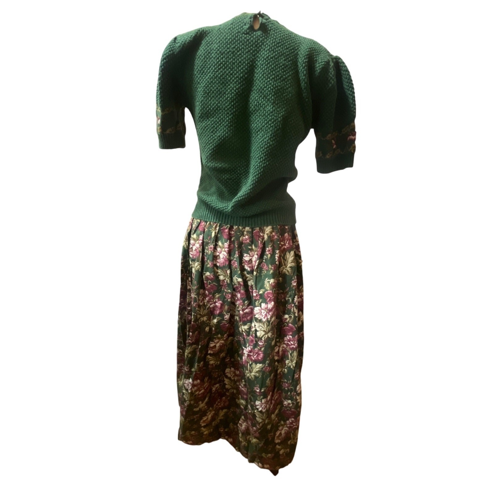Herman Geist Vintage Hand Embroidered Sweater and Floral Maxi Skirt Set Green M