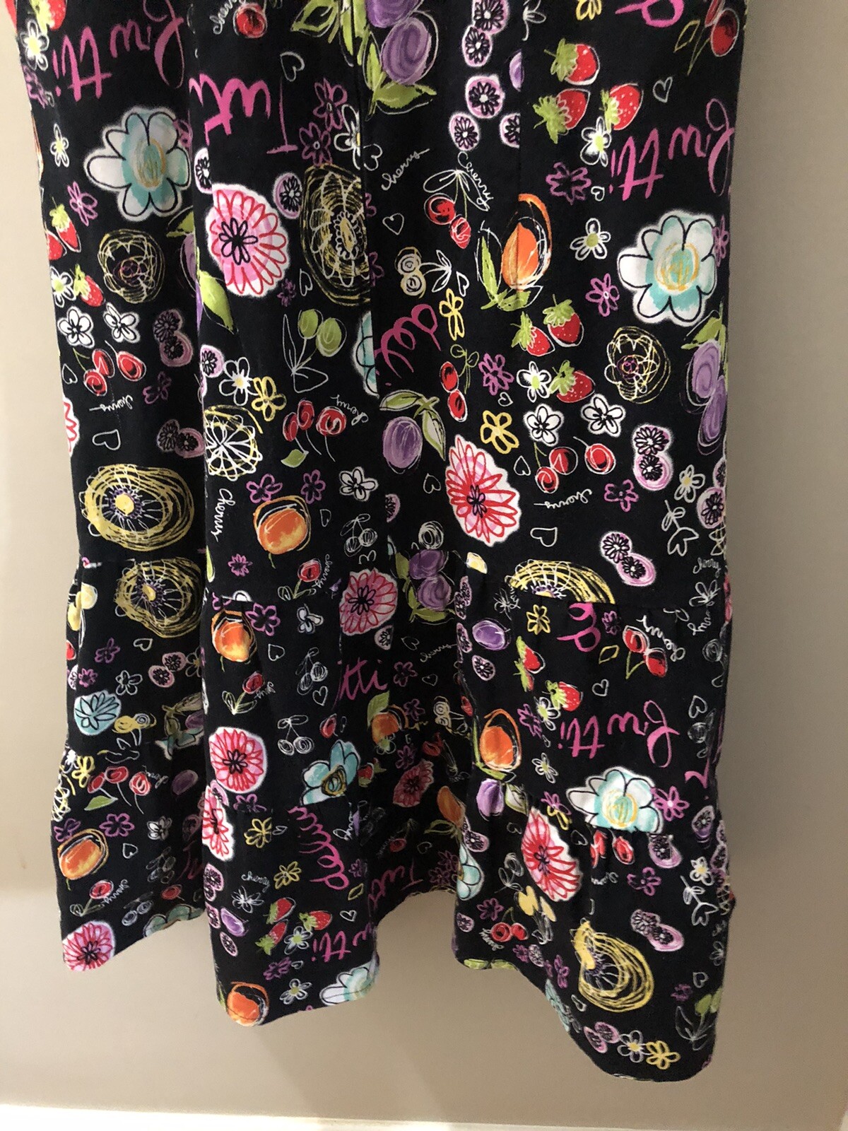 Karin Stevens Black Tiered Sundress Size 10 Colorful Fruit Cherry Smocking Fun