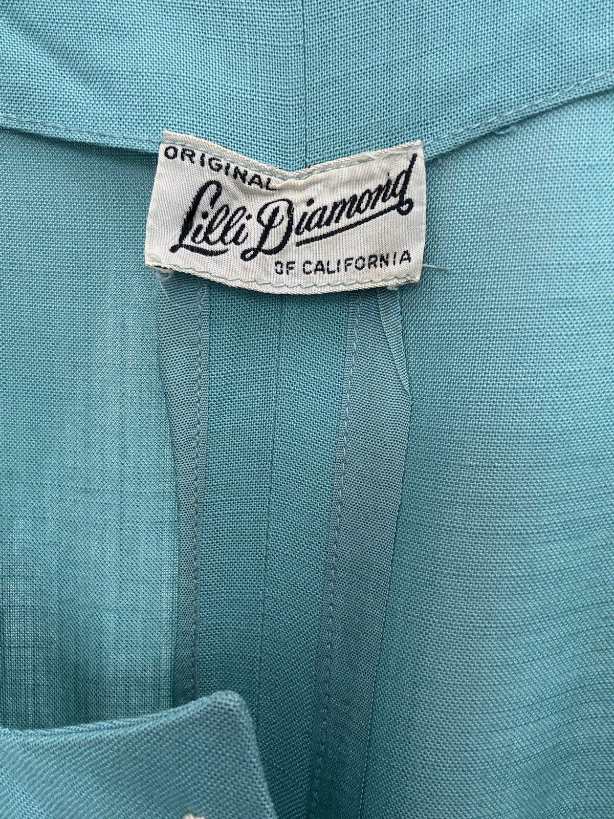 VTG 1950s Lilli Diamond Aqua Blue Jagged Neckline Atomic Floral Embroidery Linen