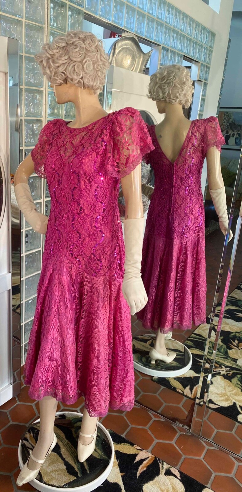 VTG 80s Shuet Young Dress Pink Lace Sequin Tea Party Evening sz M Flapper Style