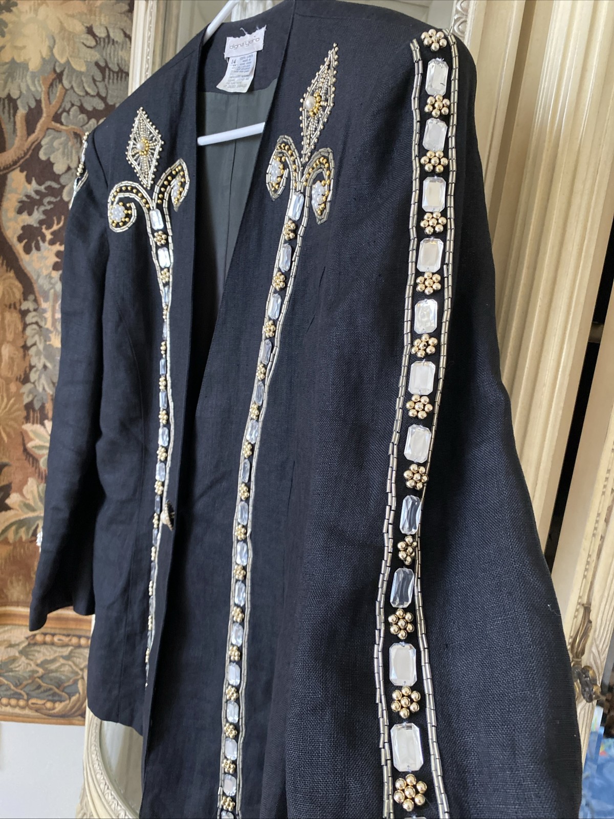 vintage Digna Yero Linen Black Embellished Stones Jacket SZ 14 Hong Kong