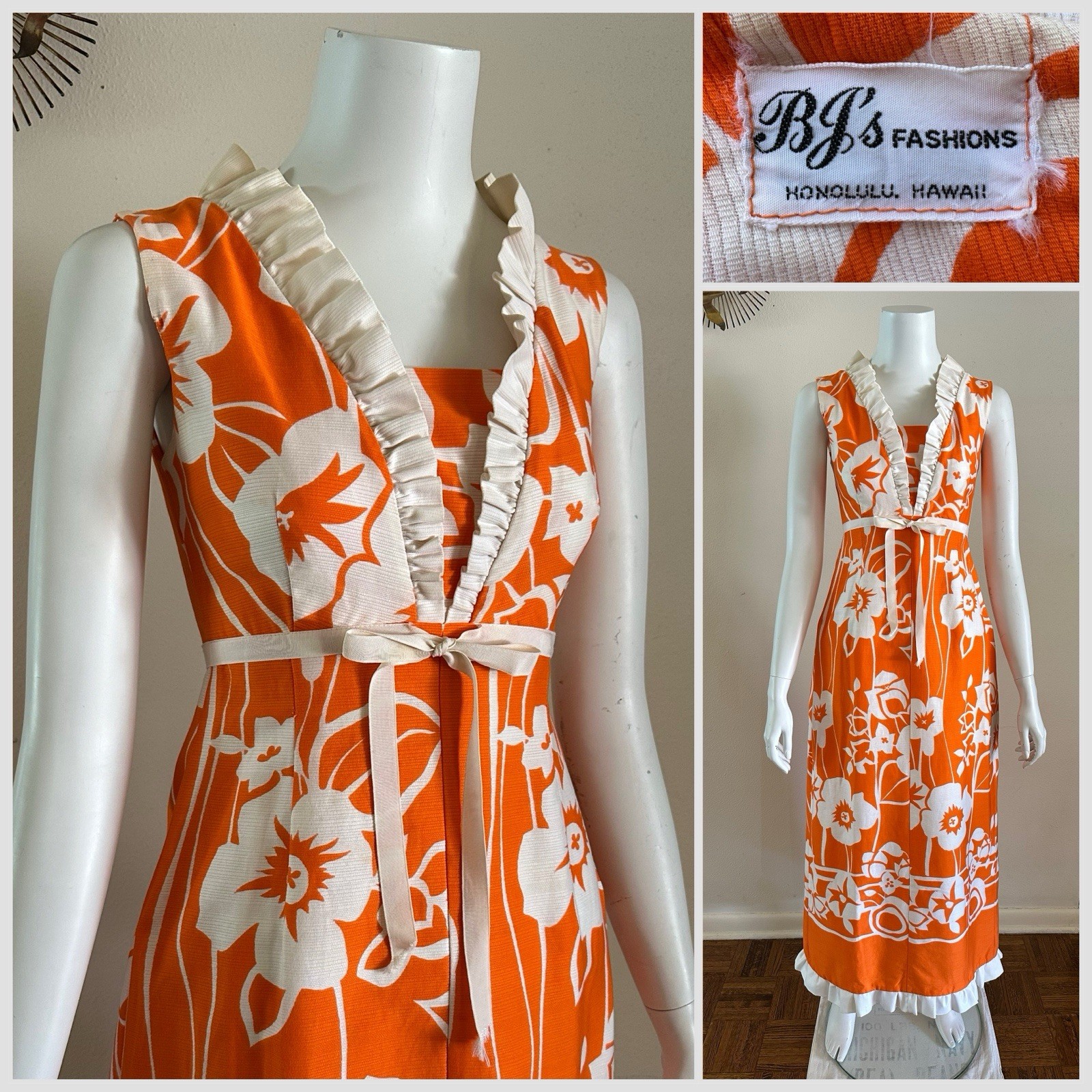 1970s BJ’s Honolulu Hawaiian Maxi Dress Orange Floral Ruffle Luau Resort Vintage