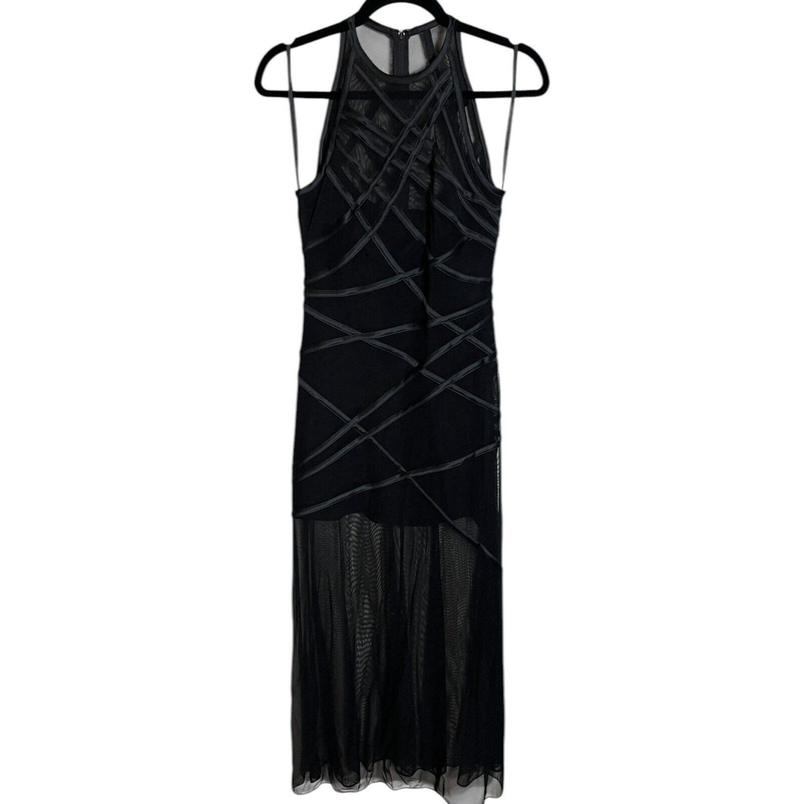 90s Tadashi Bodycon Dress Ribbon Accent Mesh Sheer Mini Maxi Gown Avant Garde