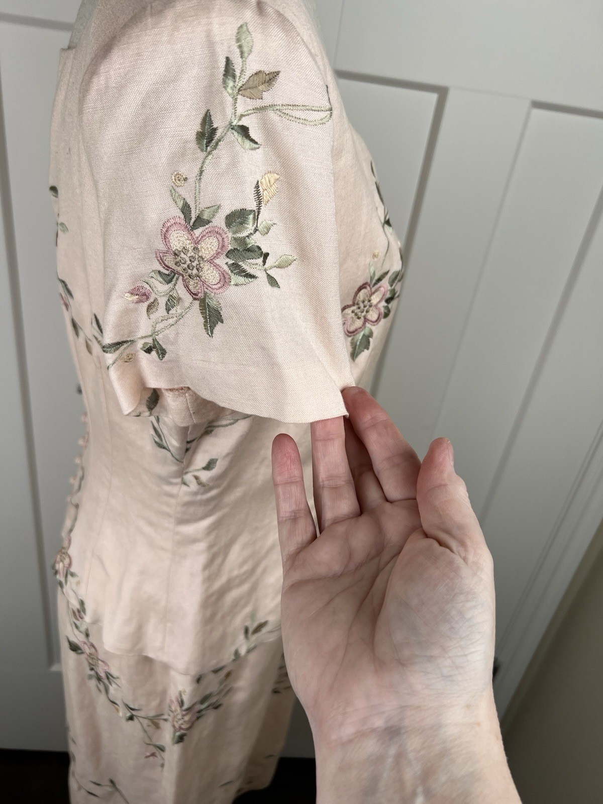 Vintage Donna Morgan Dress 10 Pink Linen Blend Embroidered Floral Midi Cottage