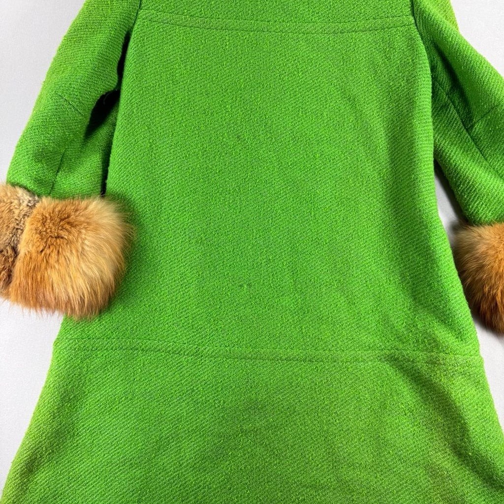 Vintage Green Wool Fur Collar Coat With Yellow Buttons