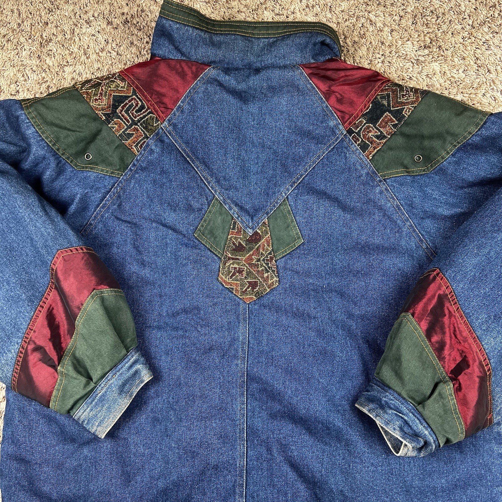 Vintage 90s Two Twenty Women’s Blue Denim Patchwork Winter Lined Jacket XL Long
