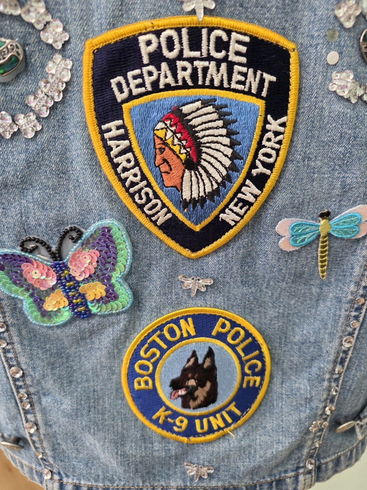 Vtg Old Navy Large Womens Jeans Vest Diva Patches Jeweled Pins Biker Vest
