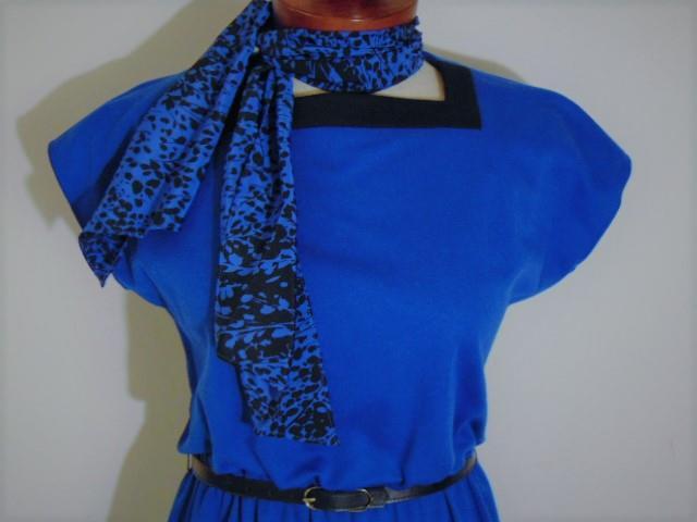 VINTAGE MOD JERRIE LURIE BLUE BLACK BELTED DAY DRESS JACKET SUIT & SCARF 10 NWOT