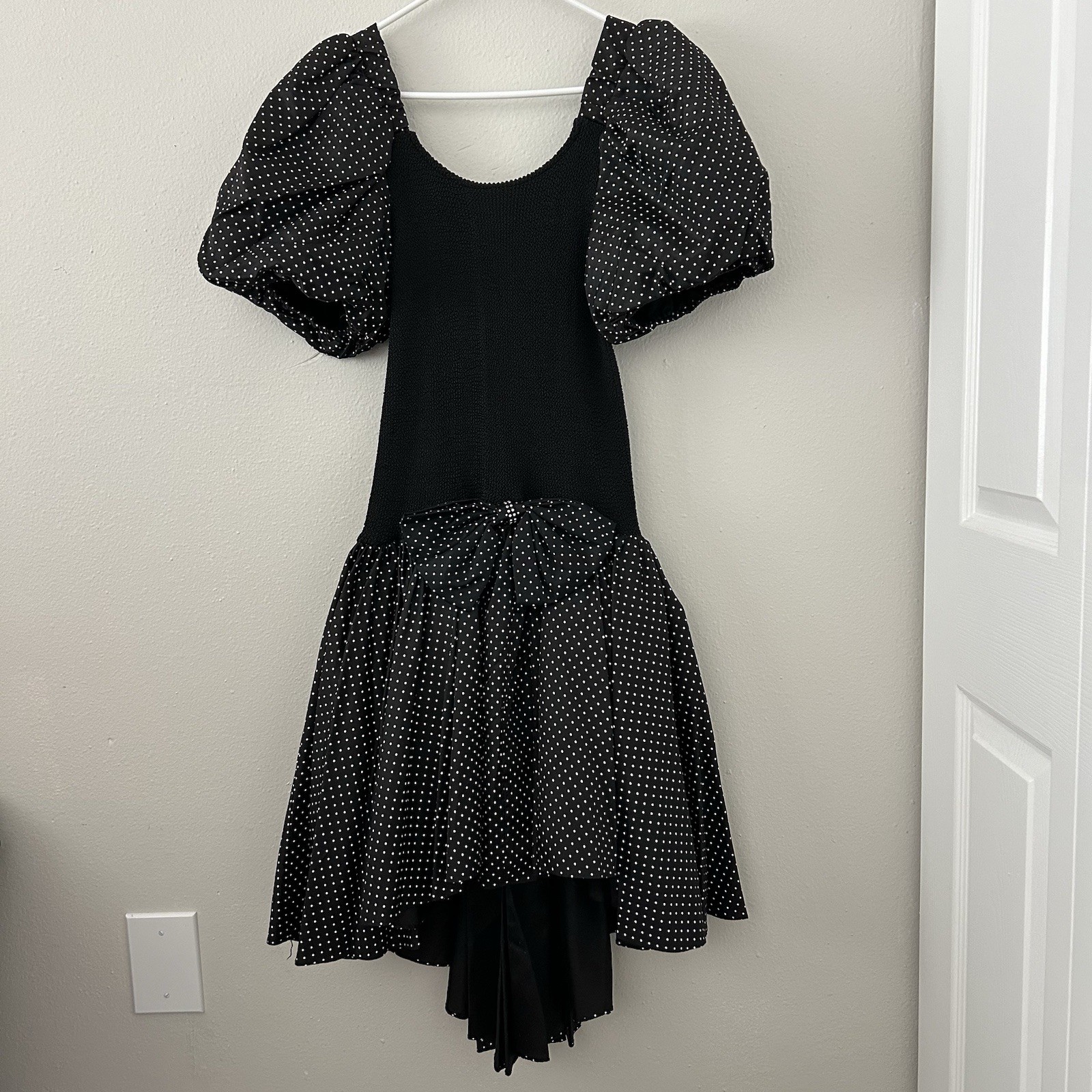 Vintage 80s Polka Dot Prom Party Dress Balloon Puff Sleeve Drop Waist Hi-Low Hem