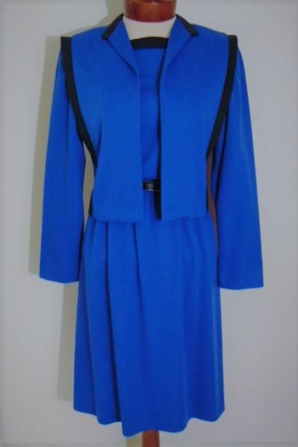 VINTAGE MOD JERRIE LURIE BLUE BLACK BELTED DAY DRESS JACKET SUIT & SCARF 10 NWOT