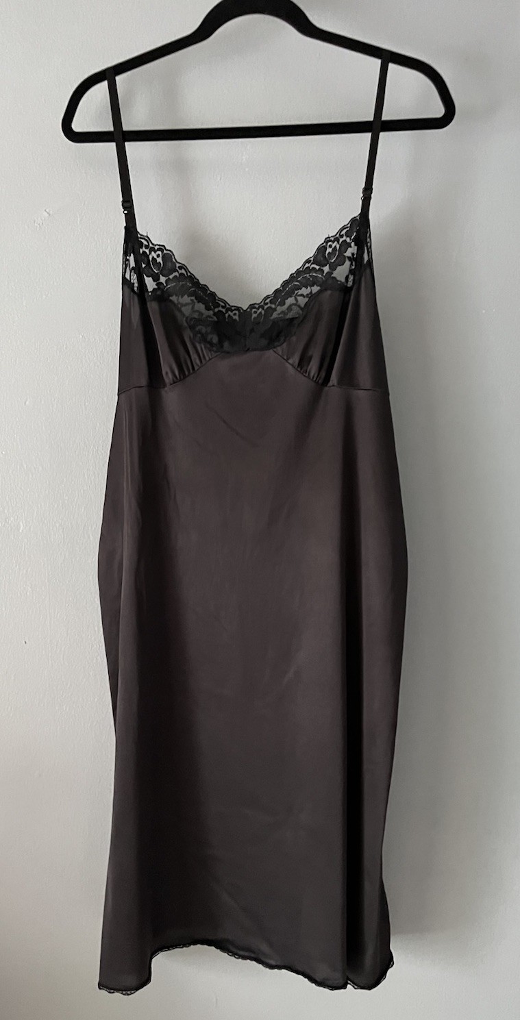 Vintage Vassarette Black Lace-Trimmed Satin Slip Dress Size 44/XL