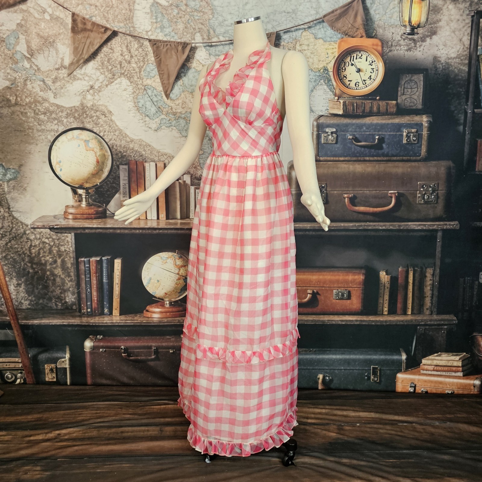 Vintage 1970s Maxi Dress Sundress Pink and White Gingam Check Ruffled V-Neck