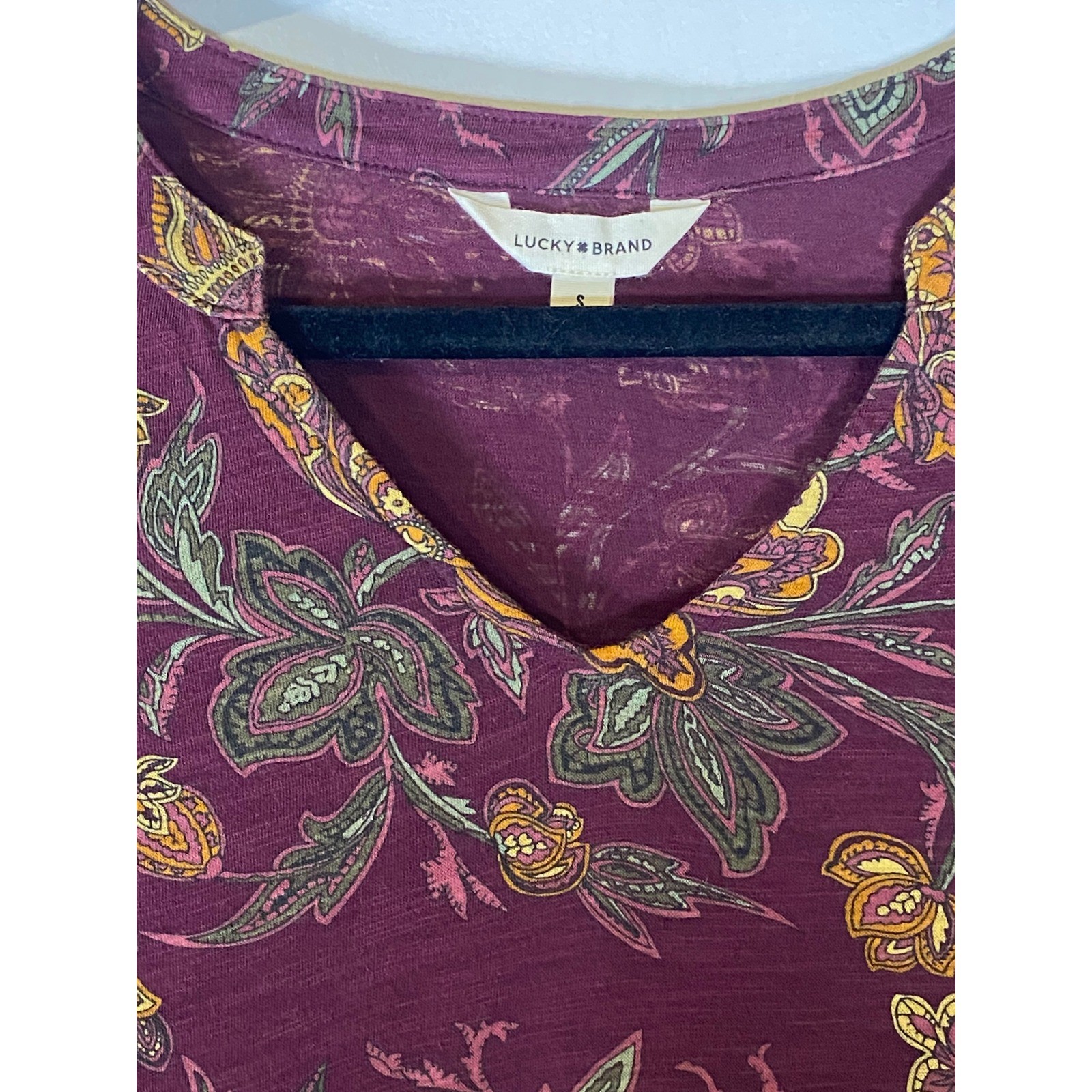 Lucky Brand Small Boho Floral Bell Sleeve V Neck Peasant Blouse Top Burgundy