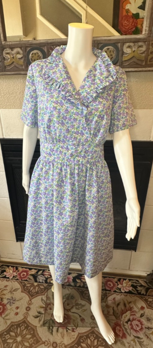 Vtg Lg 1950s Full Skirt Day Dress tea collared Handmade Floral a-line MCM Party